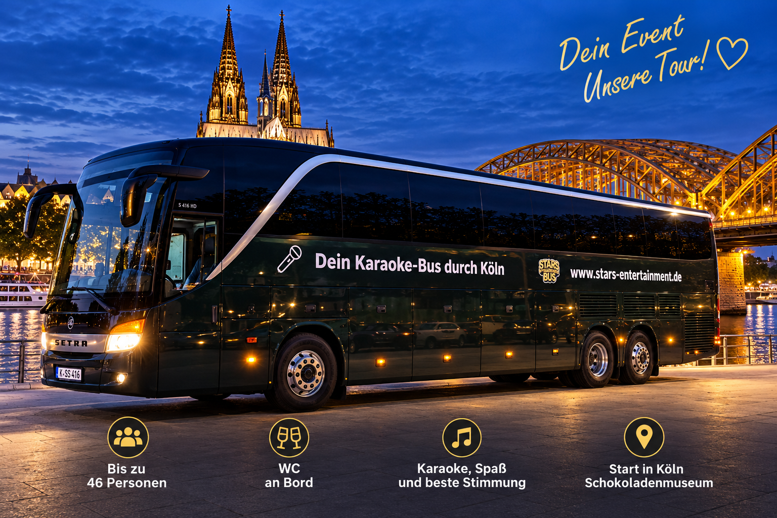 STARS Reisebus für bis zu 46 Personen vor dem Kölner Dom